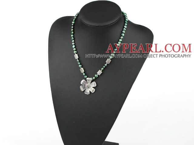 green pearl and tibet flower necklace with lobster clasp