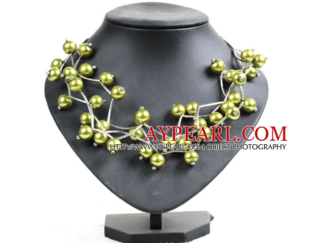 Trendy Style Multi Strand Kelly Green Seashell Beads Twisted Necklace With Bending Alloyed Tube