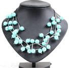 Trendy Style Multi Strand Sky Blue Seashell Beads Twisted Necklace With Bending Alloyed Tube
