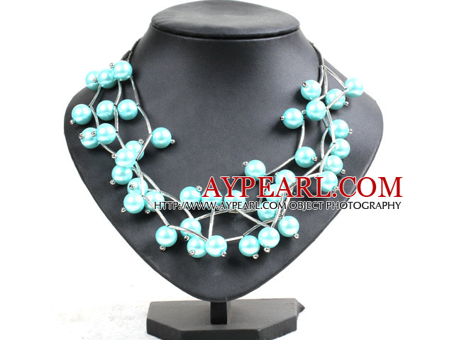 Trendy Style-Multi Strand Sky Blue Seashell Perlen Twisted-Halskette mit Biegen Legierter Rohr