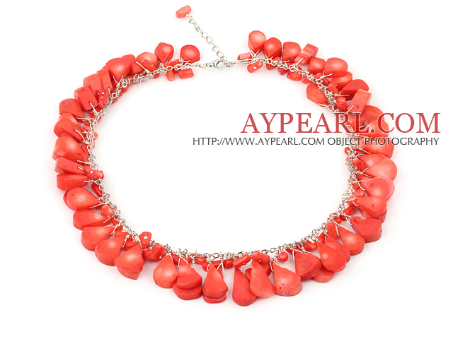 Fashion Long Chain Loop Style Drop Shape Red Coral Necklace With Extendable Chain