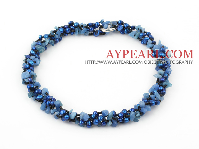 fashion long style 6-8mm blue pearl and blue gem necklace