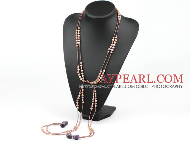 wonderful fashion long style natural purple pearl and amethyst necklace