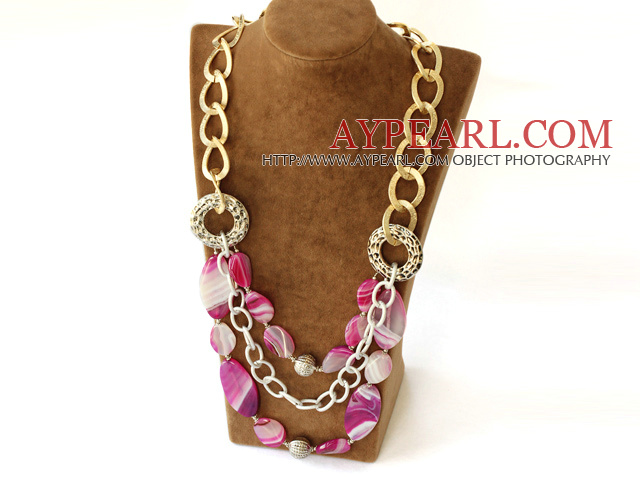 fashion pink agate necklace with golden color metal chain