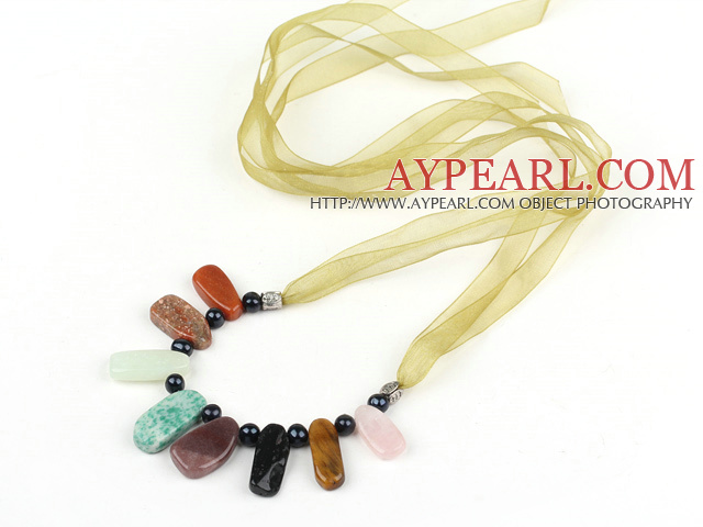 black pearl multi color stone necklace with ribbon
