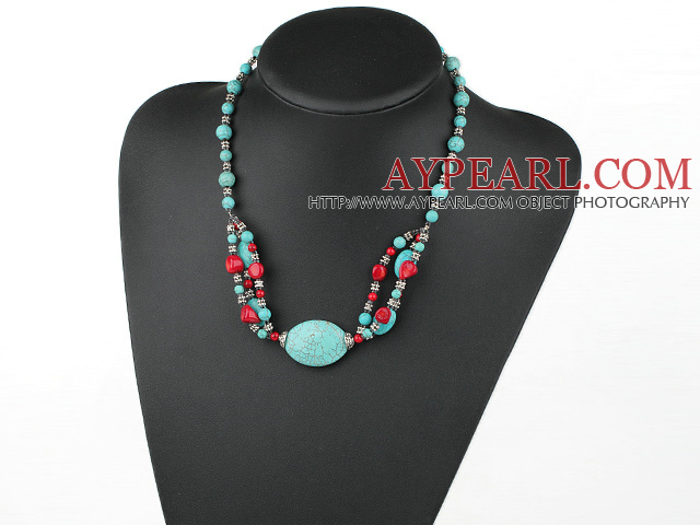 17.5 inches turquoise and red coral necklace with moonlight clasp