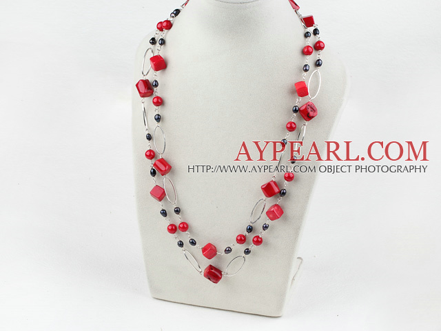 51 дюймов черного жемчуга и красного коралла длинное ожерелье стиль