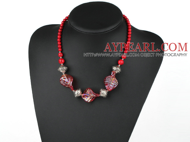 Red bloodstone and colored glaze necklace with lobster clasp