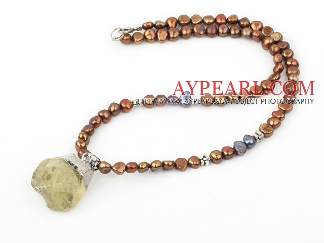 Brown Freshwater Pearl Necklace with Lemon Quartz Pendant ( Irregular Shape )