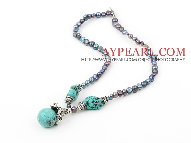 17.5 inches black pearl and blue turquoise necklace with lobster clasp
