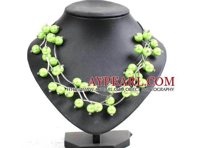 Trendy Style-Multi Strand Emerald Green Seashell Perlen Twisted-Halskette mit Biegen Legierter Rohr