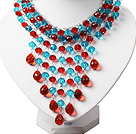 Amazing Red and Blue Teardrop Crystal Tassel Party Necklace