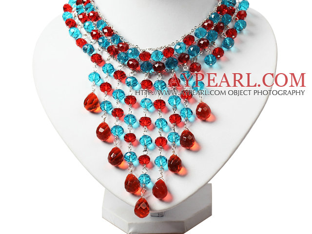Bleu Teardrop collier en cristal Parti Tassel rouge étonnant et 
