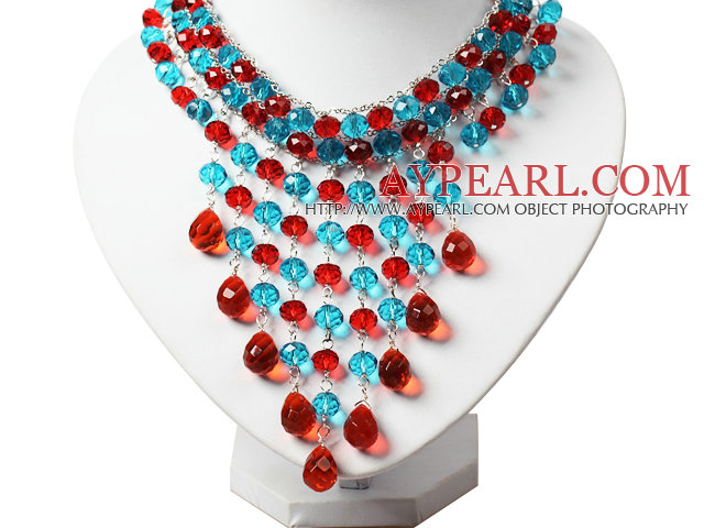 Amazing Red and Blue Teardrop Crystal Tassel Party Necklace