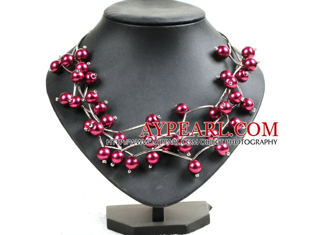 Trendy Style Multi Strand Wine Red Seashell Beads Twisted Necklace With Bending Alloyed Tube