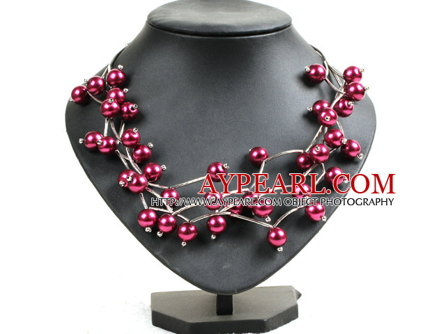 Trendy style multi Strand Red Wine Seashell collier de perles torsadées avec Bending allié Tube