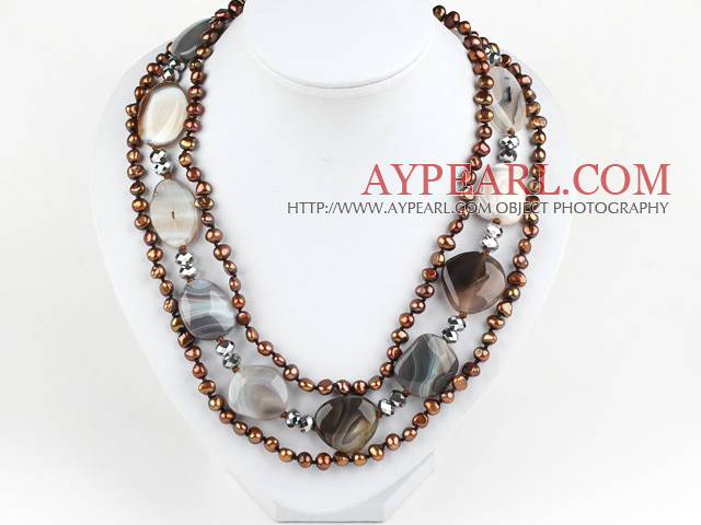 trois brins brun gris perle en agate collier avec fermoir en forme de coeur