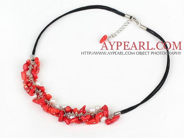 simple and fashion white pearl red coral necklace with extendable chain