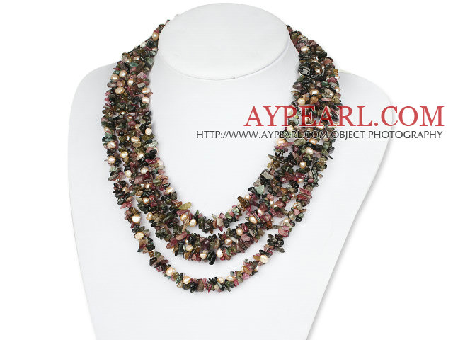 Four Strands Natural Tourmaline Chips and Pearl Necklace