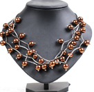 Trendy Style Multi Strand Coffee Seashell Beads Twisted Necklace With Bending Alloyed Tube