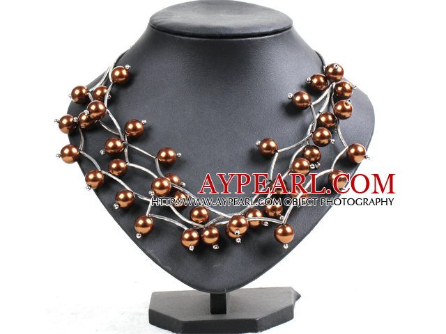 Trendy Style-Multi Strand Kaffee Seashell Perlen Twisted-Halskette mit Biegen Legierter Rohr