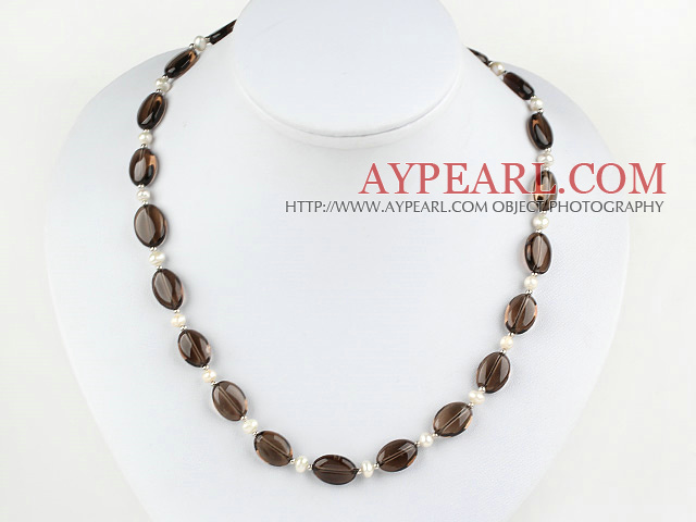 17.5 inches white pearl and dropped shape smoky quartz necklace with toggle clasp