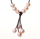 Simple Design Single Strand Natural Pink Freshwater Pearl Leather Necklace