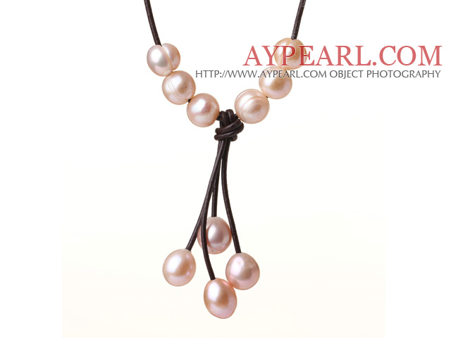 Simple Design Enkelt Strand Natural Pink ferskvannsperle Leather Necklace