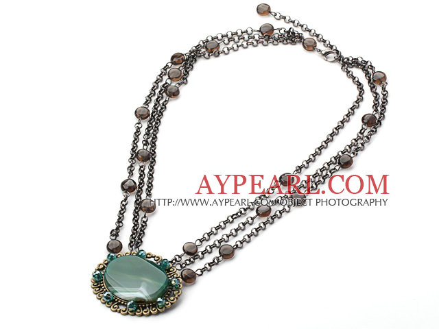 Agate verte naturelle et quartz fumé Collier avec chaîne en métal