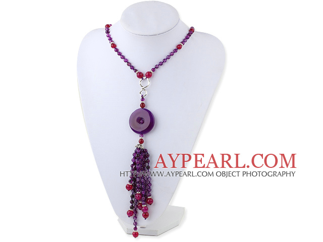 Fashion Style Purple Agate Y Shape Tassel Necklace with Purple Agate Donut