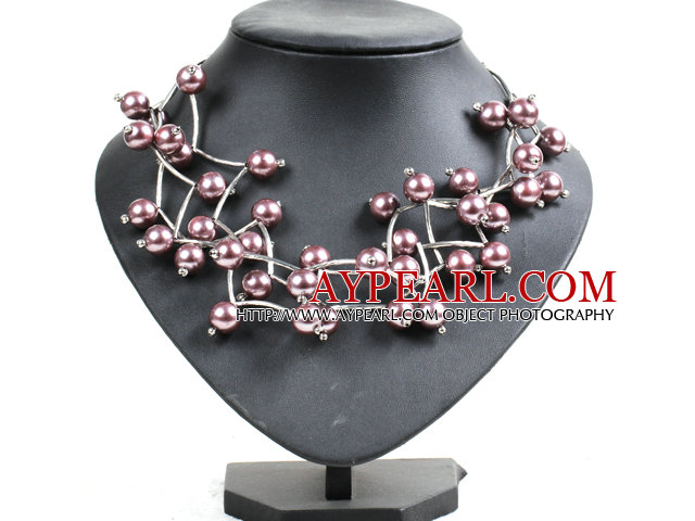Trendy Style Multi Strand Purplish Gray Seashell Beads Twisted Necklace With Bending Alloyed Tube
