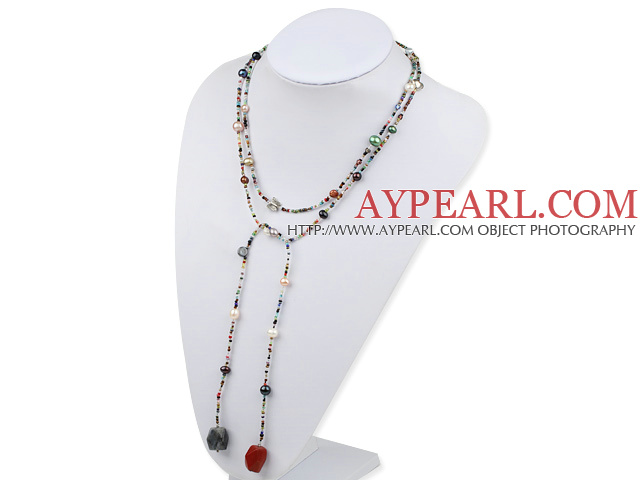 sodalite and red gem and multi colored pearl long style necklace