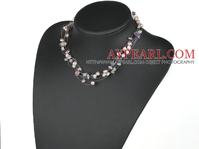 ブライダルジュエリーnatual紫色の真珠とmutilカラーストーンネックレス