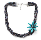 bridal jewelry multi strand black pearl blue turquoise flower necklace with extendable chain