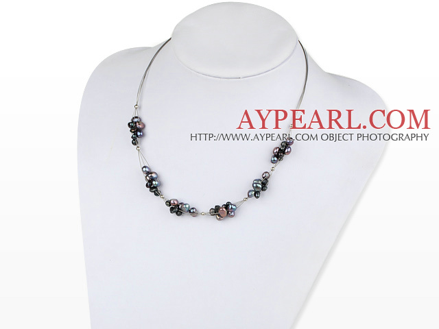 Lovely Cluster Style Natural Black Freshwater Pearl Wired Necklace 