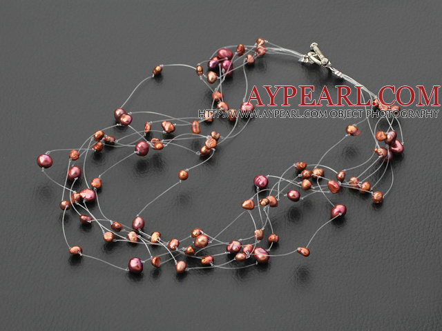 Fashion Multi Strand Dyed Pink Freswater Pearl Threaded Necklace With Toggle Clasp