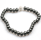 Fashion Single Strand 12Mm Tungsten Steel Color Round Seashell Beads Necklace With Rhinestone Magnetic Clasp