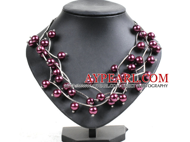 Trendy Style Multi Strand Red Purple Seashell Beads Twisted Necklace With Bending Alloyed Tube