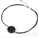 Lovely Chess Engraved Shape Black Jade Necklace With Extendable Flower Chain