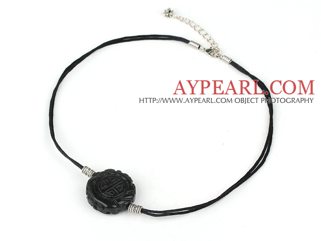 Lovely Chess Engraved Shape Black Jade Necklace With Extendable Flower Chain