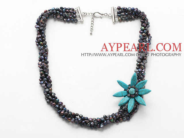 bridal jewelry multi strand black pearl blue turquoise flower necklace with extendable chain