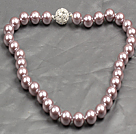 Fashion Single Strand 12Mm Light Purple Round Seashell Beads Necklace With Rhinestone Magnetic Clasp