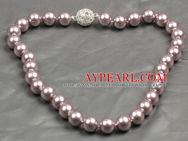 Fashion Single Strand 12Mm Light Purple Round Seashell Beads Necklace With Rhinestone Magnetic Clasp