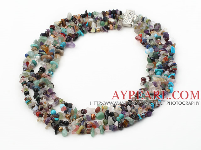 multi strand seven colored multi stone necklace with slide clasp