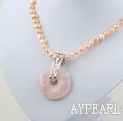 natural pink pearl and rose quartz pendant necklace with lobster clasp