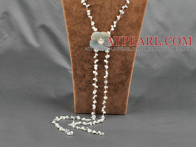 fashion long style howlite chips and shell flower necklace with lobster clasp