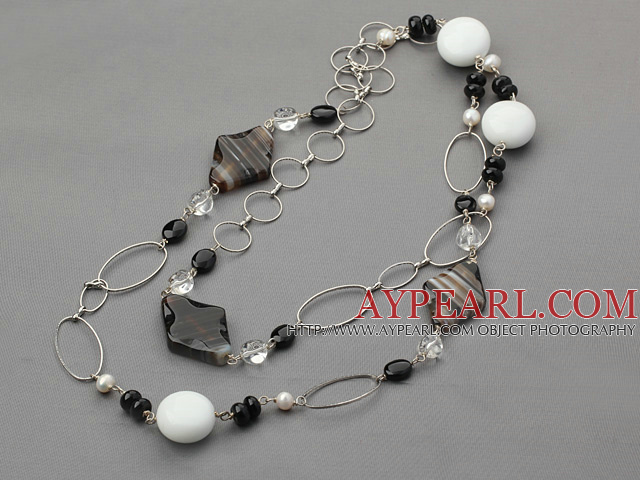 black agate and white crystal and white hercules stone long necklace
