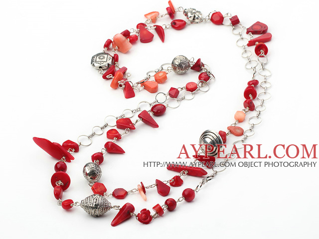 fashion long style red coral tinet silver charm beaded necklace