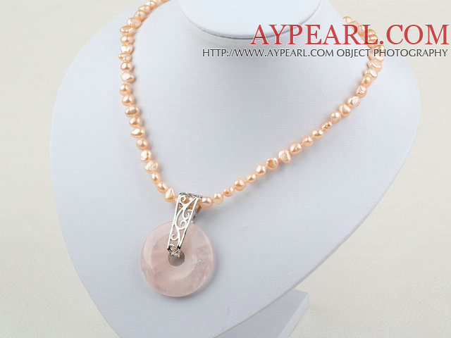 natural pink pearl and rose quartz pendant necklace with lobster clasp