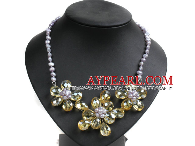 Gorgeous Party Style Ljuslila Naturliga sötvattenspärla gula Crystal Flower Bib Necklace